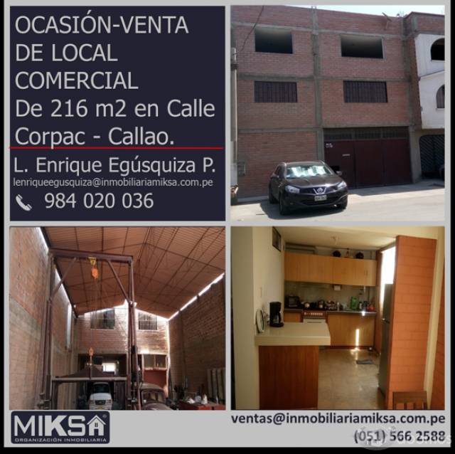 OCASIÓN-VENTA DE LOCAL COMERCIAL De 216 m2 en Calle Corpac -Callo